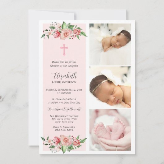 Invitation Baptême Floral rose pour filles (Devant)