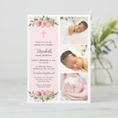 Invitation Baptême Floral rose pour filles (Debout devant)