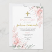 Invitation Baptême floral rose roux en espanol (Devant)