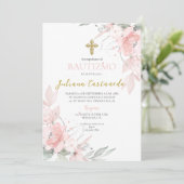 Invitation Baptême floral rose roux en espanol (Debout devant)