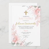 Invitation Baptême floral rose roux en espanol (Devant / Derrière)