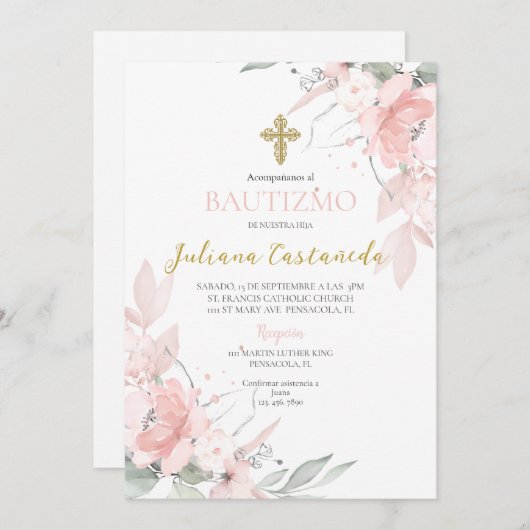 Invitation Baptême floral rose roux en espanol (Devant / Derrière)