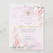 Invitation Baptême floral rose roux en espanol (Devant)