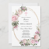 Invitation Baptême floral rose rustique (Devant)