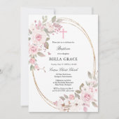 Invitation Baptême floral rose rustique (Devant)