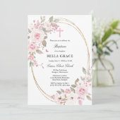 Invitation Baptême floral rose rustique (Debout devant)