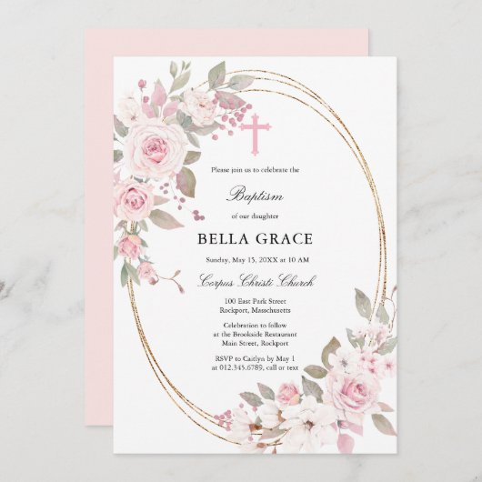 Invitation Baptême floral rose rustique (Devant / Derrière)