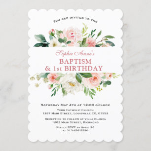 Invitation Baptême floral rose tendance Premier anniversaire