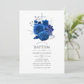 Invitation Baptême floral royal bleu et argent (Debout devant)