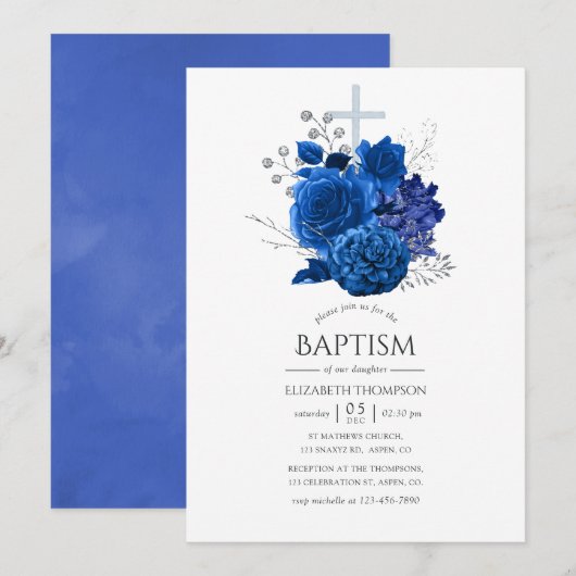 Invitation Baptême floral royal bleu et argent (Devant / Derrière)