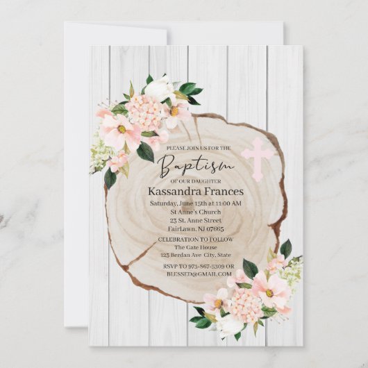 Invitation Baptême floral rustique (Devant)