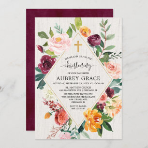 Invitation Baptême floral rustique élégant d'aquarelle de