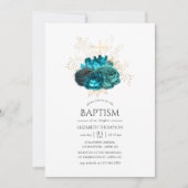 Invitation Baptême floral sarcelle et or (Devant)