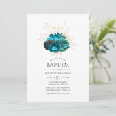 Invitation Baptême floral sarcelle et or (Debout devant)