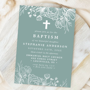 Invitation Baptême floral sarcelle poussiéreuse et blanc