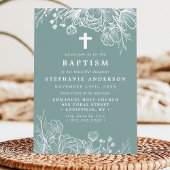 Invitation Baptême Floral Sarcelle Poussiéreuse et Blanc