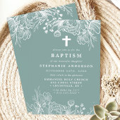 Invitation Baptême Floral Sarcelle Poussiéreuse et Blanc