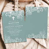 Invitation Baptême Floral Sarcelle Poussiéreuse et Blanc