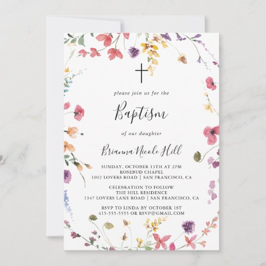 Invitation Baptême floral sauvage coloré classique (Devant)