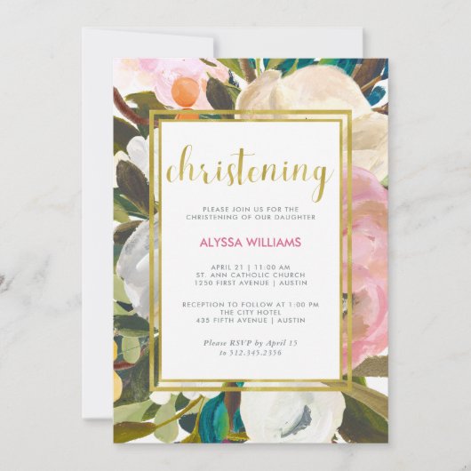 Invitation Baptême floral sensible de l'aquarelle | (Devant)