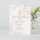 Invitation Baptême Floral Subtil Et Premier Anniversaire (Debout devant)