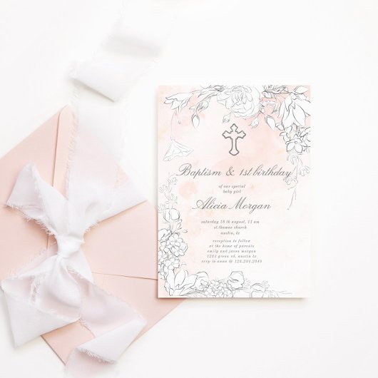 Invitation Baptême Floral Subtil Et Premier Anniversaire