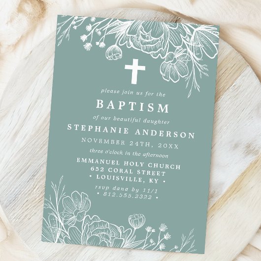 Invitation Baptême floral Turquoise et blanc poussiéreux