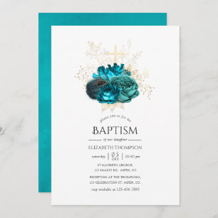 Invitation Baptême floral turquoise et or