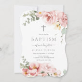 Invitation Baptême floral vert rose et gris (Devant)