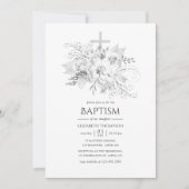 Invitation Baptême floral Vintage blanc et argenté (Devant)