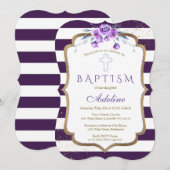 Invitation Baptême Floral Violet Violet Or Chic (Devant / Derrière)