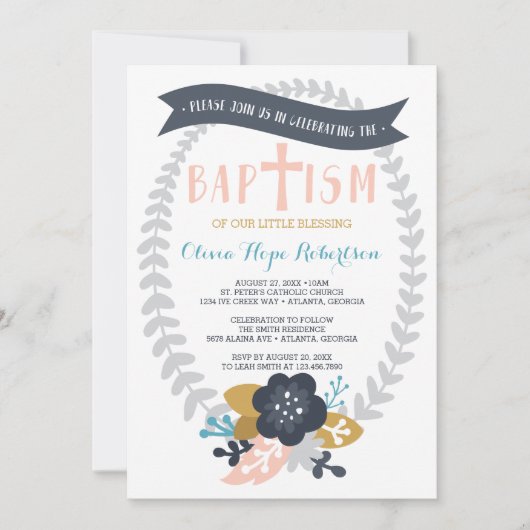 Invitation Baptême, Florale, Baptême Contemporain (Devant)