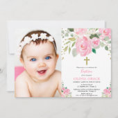 Invitation Baptême florale de filles photo rose pâle (Devant)