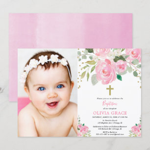 Invitation Baptême florale de filles photo rose pâle