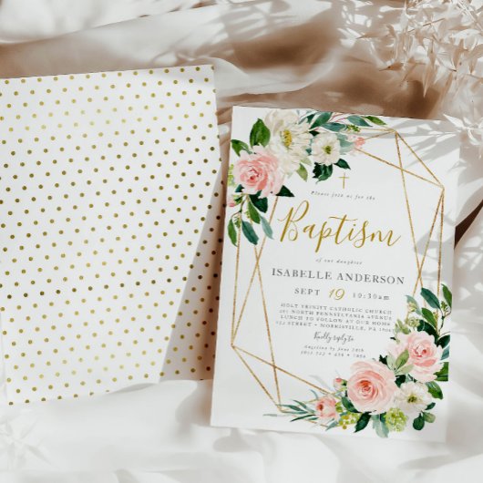 Invitation Baptême florale Gold et Blush
