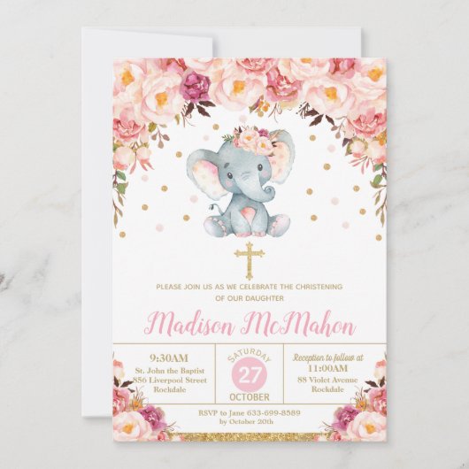 Invitation Baptême Fluide Eléphant Baptême Fille (Devant)