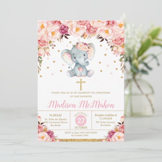Invitation Baptême Fluide Eléphant Baptême Fille (Debout devant)
