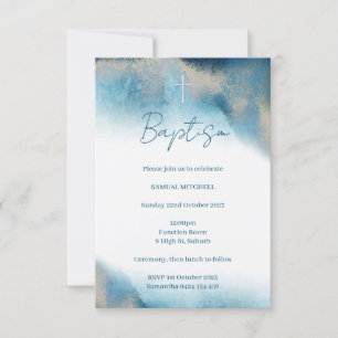 Invitation Baptême Garçon. Aquarelle bleue et or
