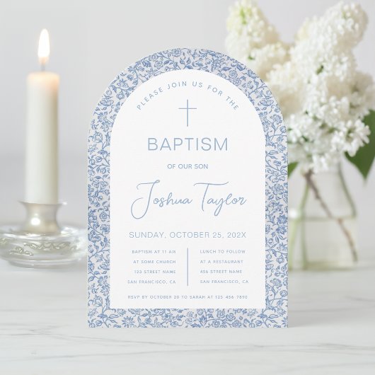 Invitation Baptême garçon Arche Bleu Blanc Floral Motif Vinta