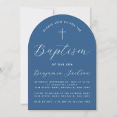 Invitation Baptême garçon arche classique bleu blanc écriture (Devant)
