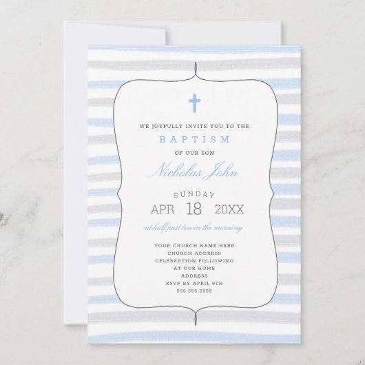 Invitation Baptême garçon avec bandes d'aquarelle gris bleu (Devant)