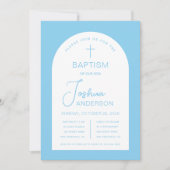 Invitation Baptême garçon Bébé Bleu Blanc Arc Script Religieu (Devant)