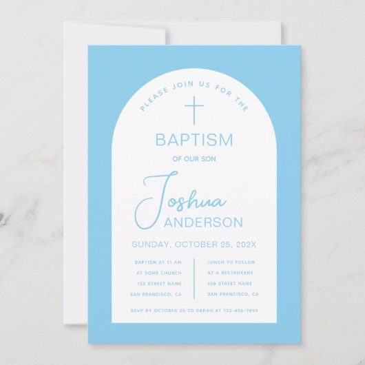 Invitation Baptême garçon Bébé Bleu Blanc Arc Script Religieu (Devant)
