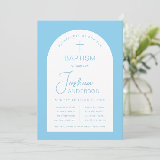Invitation Baptême garçon Bébé Bleu Blanc Arc Script Religieu (Debout devant)