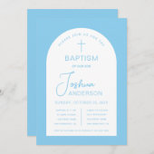 Invitation Baptême garçon Bébé Bleu Blanc Arc Script Religieu (Devant / Derrière)