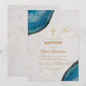 Invitation Baptême garçon bleu agate géode marbre croix dorée (Devant / Derrière)