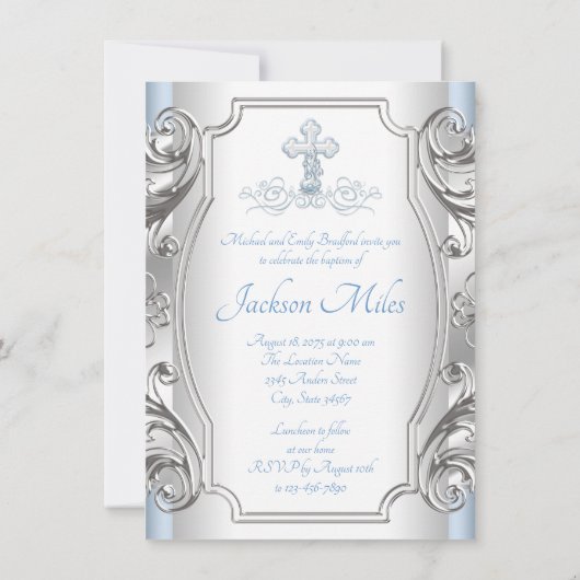 Invitation Baptême Garçon Bleu Bébé Croix Argentée (Dos)