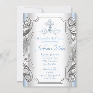 Invitation Baptême Garçon Bleu Bébé Croix Argentée