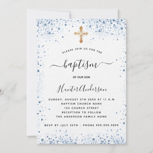 Invitation Baptême garçon bleu blanc croix d'or luxe (Devant)