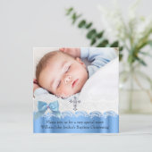 Invitation Baptême Garçon Bleu Blanc dentelle photo Bijou Cro (Debout devant)